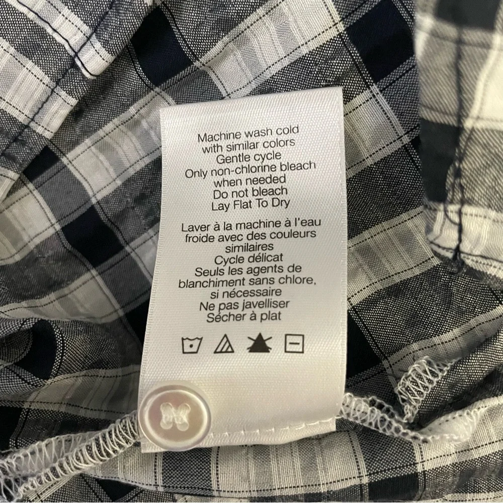 Veronica Beard Navy and White Plaid Ruched -Sleeve Blouse